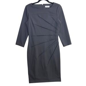 Calvin Klein M Sheath Dress Gray Midi Ruched‎ Stretch Career Cocktail Minimalist